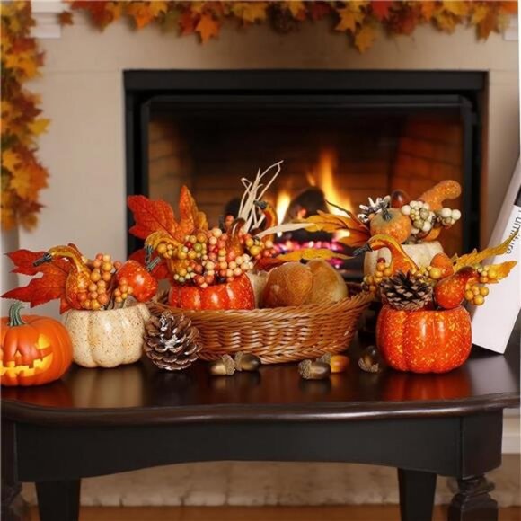Fall Decorations for Home - Set of 6 Artificial Pumpkin, Berry & Pine Cone - Picture 2 of 7